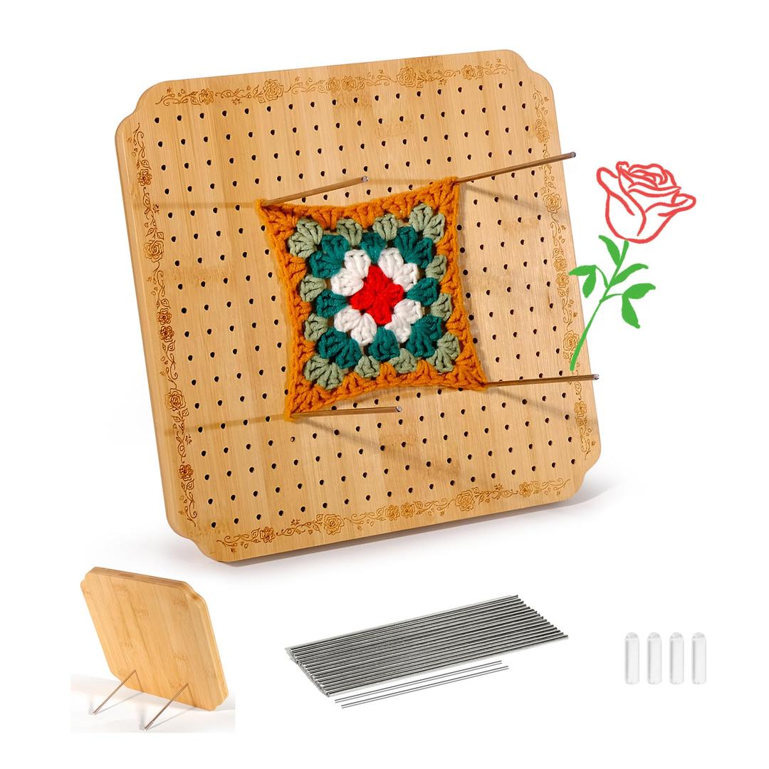 CraftyManor 10 in Blocking Boards for Crochet Projects with Rose Pattern, Crochet Blocking Board with Pegs, Granny Square Blocking Board with 20 Stainless Steel Pegs, Bamboo