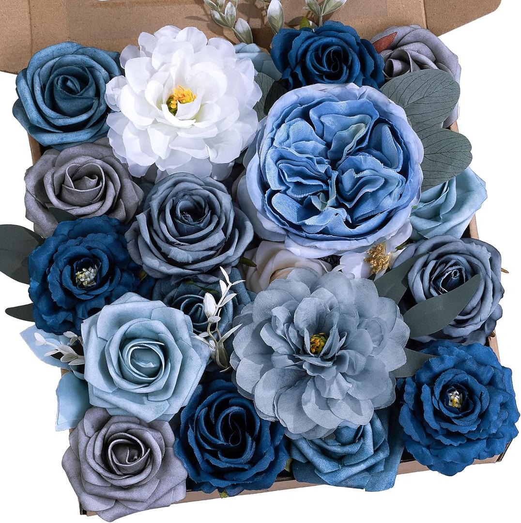 Dusty Blue Flowers Artificial Roses Combo Set Fake Royal Blue Silk Flowers Faux Peony Flowers Mix Dahlia with Stems for Wedding Bouquets Baby Bridal Shower Party Floral Arrangements Decor (The Modern Classic)