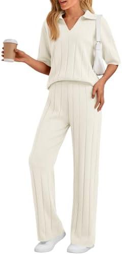LILLUSORY Womens 2 Piece Ribbed Knit Lounge Sets Casual V Neck Top Pants Vacation Outfits Size M