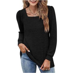 Womens Square Collar Long Sleeve Tshirts Pleated Lightweight Casual Loose Solid Comfy Pullover Top, M, Black