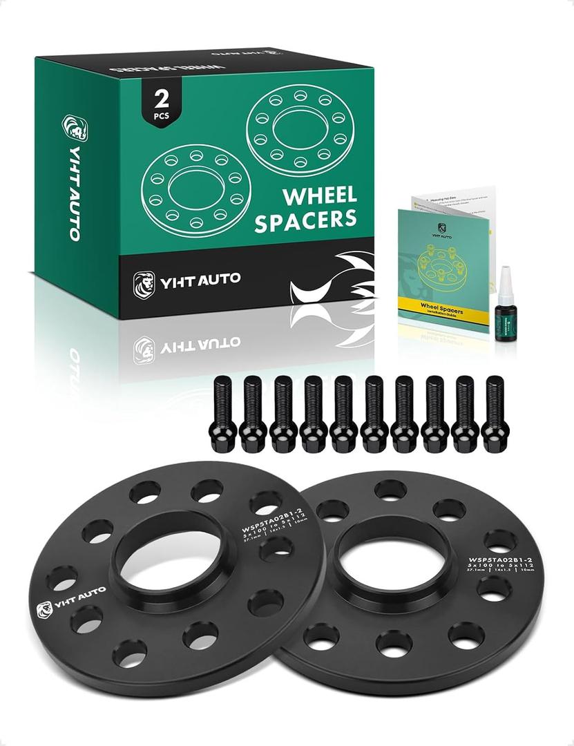 YHTAUTO 5x100/5x112mm Hub Centric Wheel Adapters 10mm Compatible with Audi, Volkswagen Models, A4, TT, Jetta, Passat, w/ M14X1.5 & 12.9 Grade Studs, 57.1mm Hub Bore 5 Lug 2PCS Black