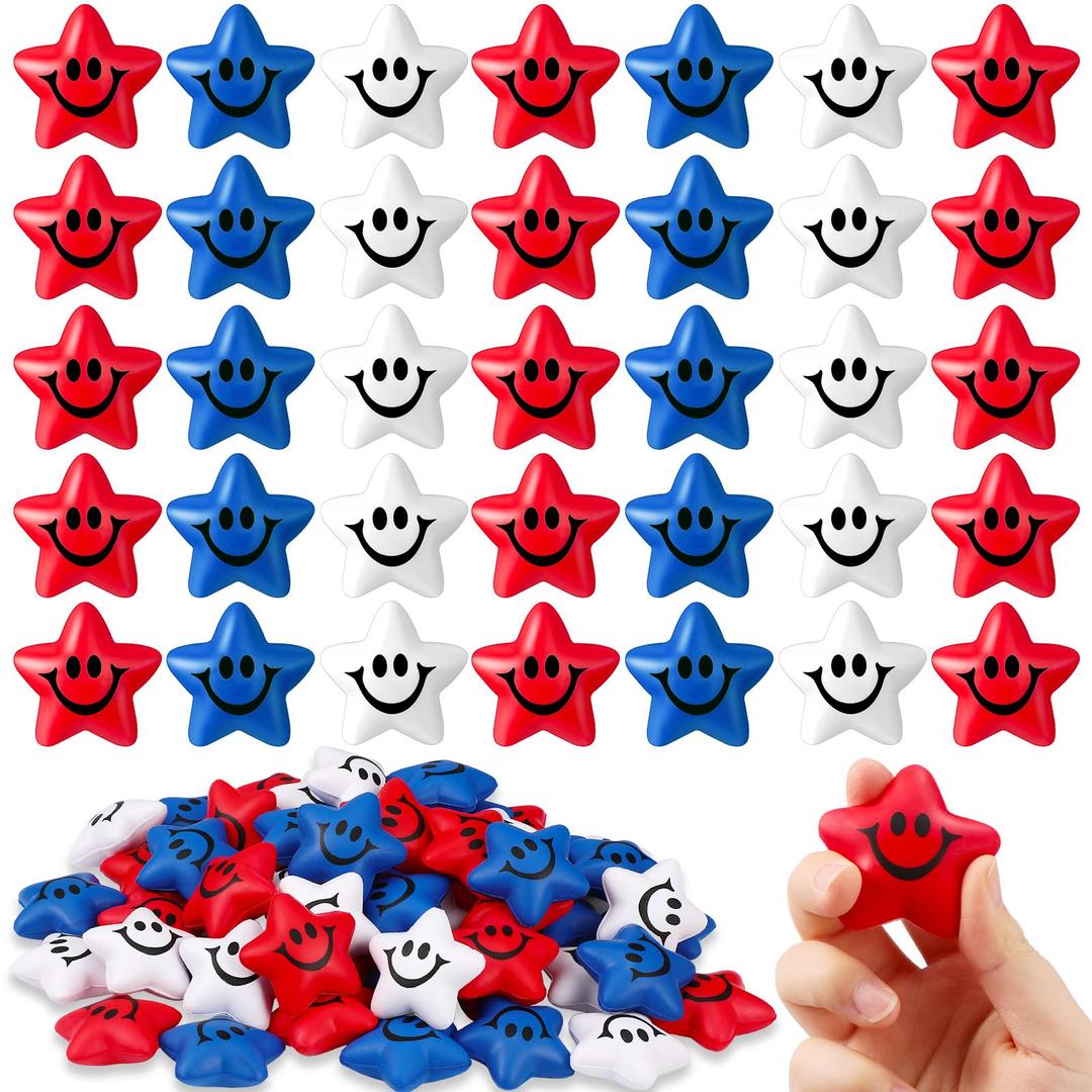 40 Pieces Patriotic Foam Star Stress Ball Bulk Mini Foam Star Smile Face Stress Balls Red White Blue Funny Smile Face Toys Relief Star for 4th of July Party School Carnival Reward