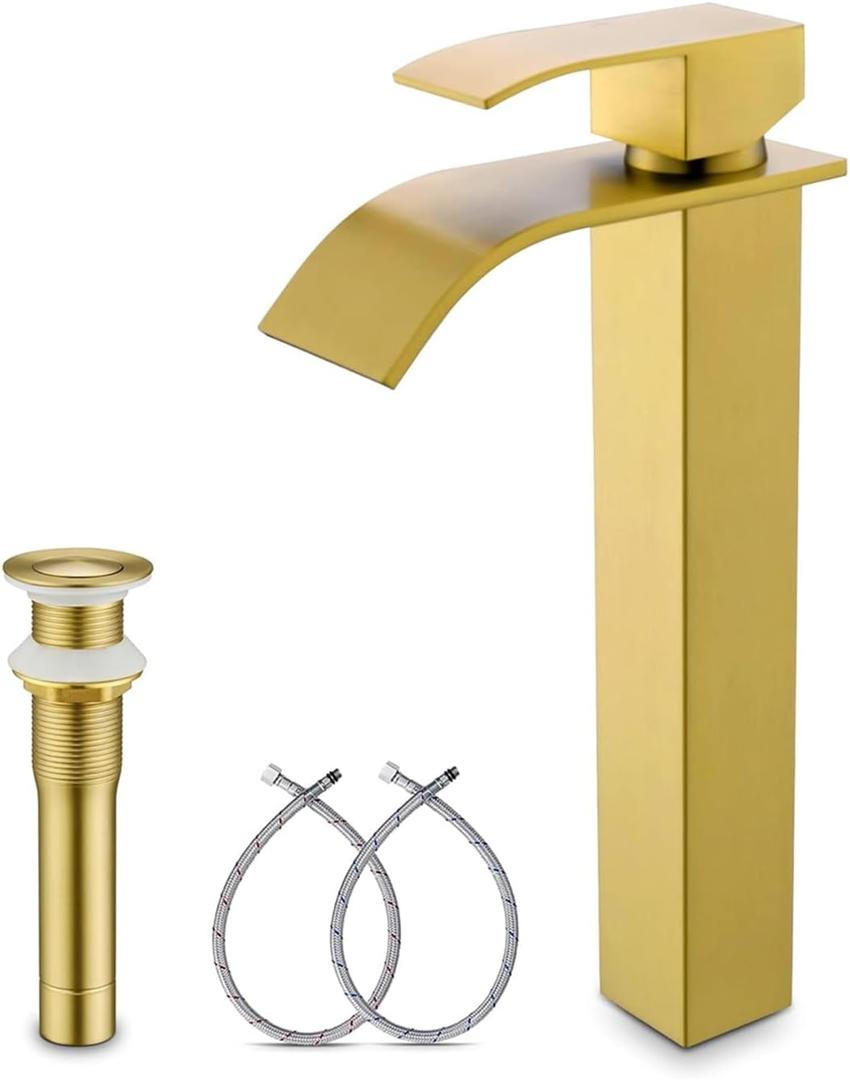 Gold Vessel Sink Facuet, Brushed Gold Tall Bathroom Sink Faucet Waterfall Bathroom Faucet for Vessel Sinks Single Handle Bathroom Vanity Faucet