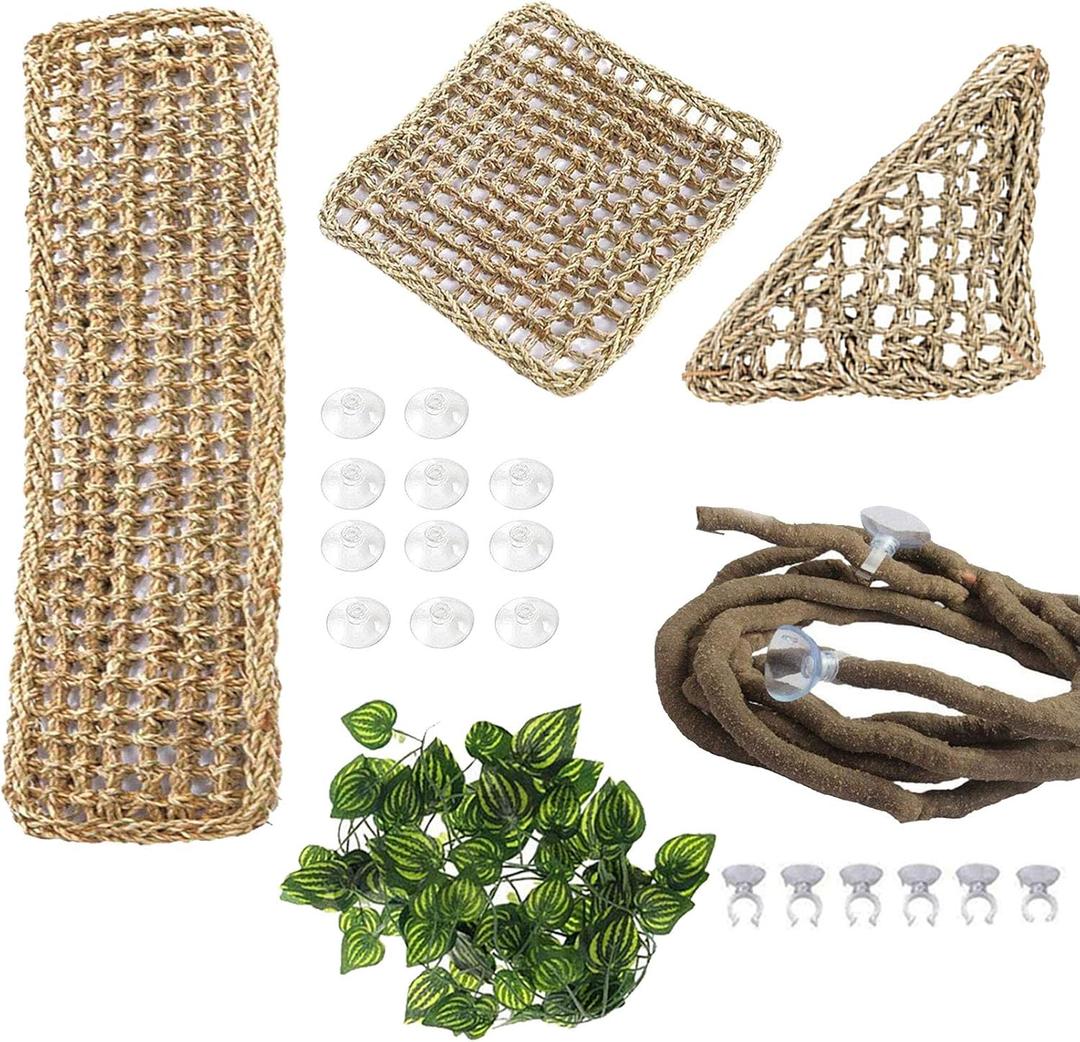 PINVNBY Bearded Dragon Hammock,Reptile Lounger Natural Seagrass Lizard Hammocks Habitat Tank Accessories Jungle Climber Vines Flexible Leaves Decor for Climbing Reptiles Chameleon Gecko Snakes