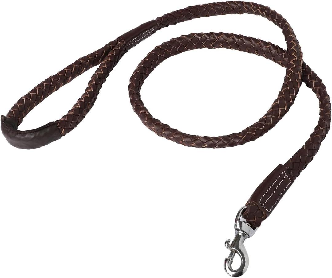 Patch & Marshall Leather Dog Training Leash | Heavy Duty with Strong Hook | 5 ft Long, 1 Inch Braided Double-Padded | One Size, Brown