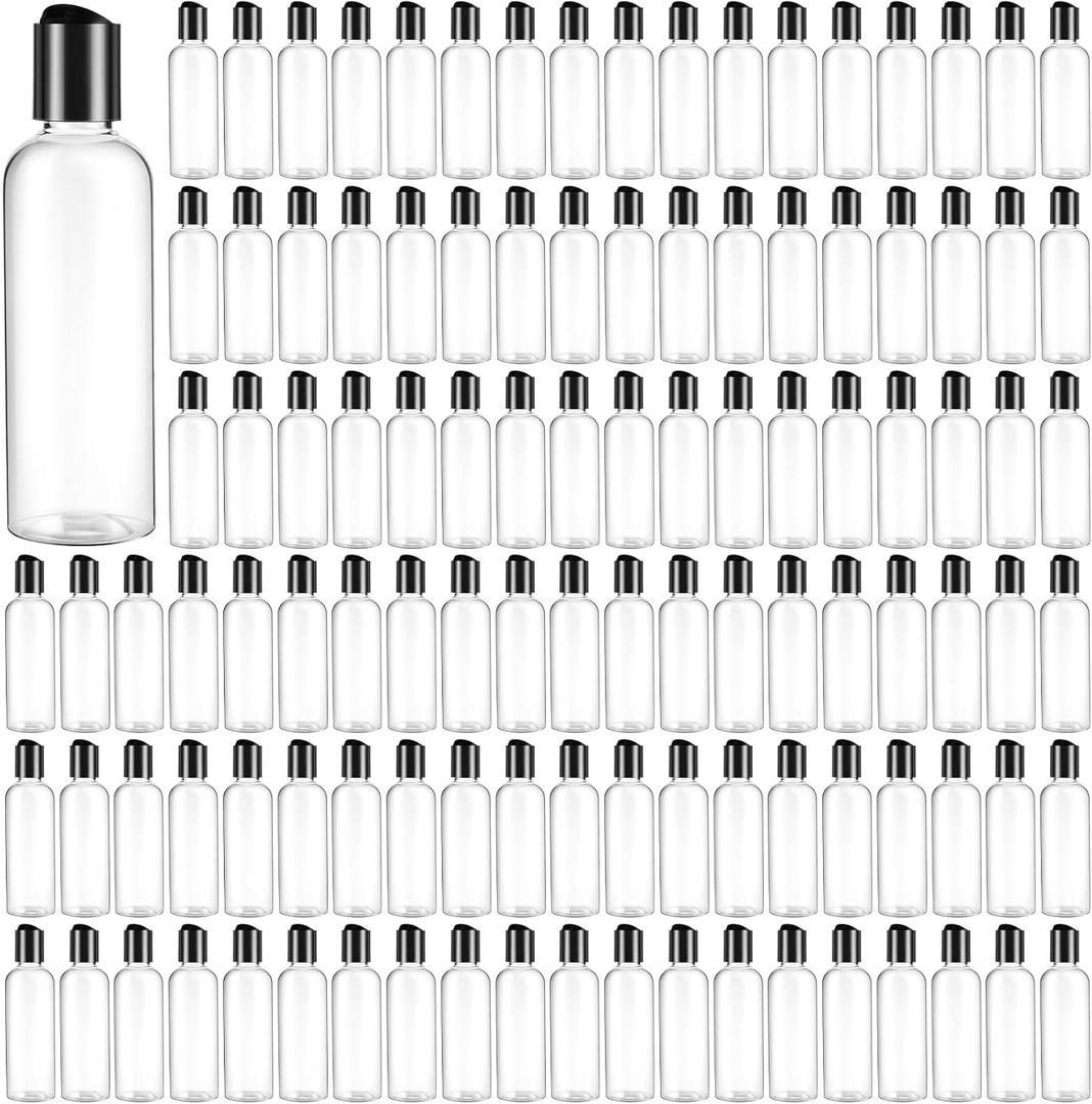 Roshtia 100 Pack 3.4 oz Travel Bottles for Toiletries, Clear Refillable Plastic Bottles with Disc Top Flip Cap, Leak Proof Empty Containers for Lotion, Shampoo, Essential Oil, Bulk Travel Size(Black)