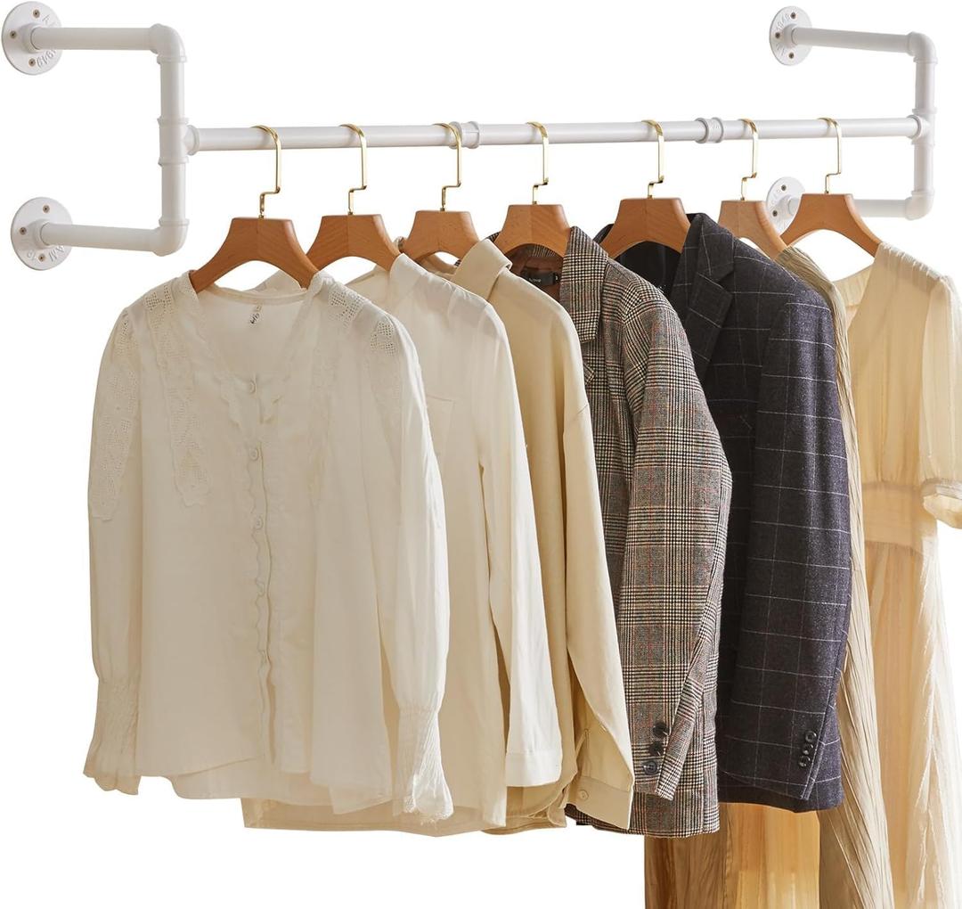IBUYKE Industrial Pipe Clothes Rack, 50 Inch Wall Mounted Clothing Rack, Space-Saving Hanging Closet Rod, Heavy Duty Multi-Purpose Garment Rack for Closet and Laundry Room(4 Bases), White TYJ002W