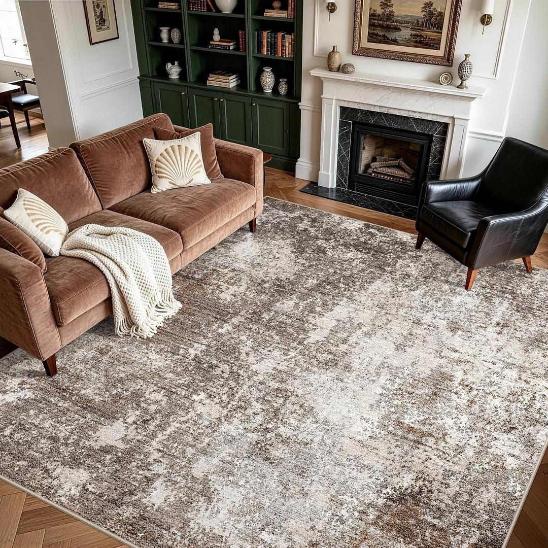 9x9 Square Living Room Area Rug Washable Non-Slip, Brown Beige