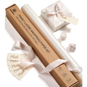 Vitalizart White Wrapping Paper Set 17" Pearly-Lustre With Silk Like Satin Ribbon & Gift Tags Recyclable Christmas Gift Wrapping Birthday Baby Shower Wedding Handmade Crafts 197"(16.4 Ft)
