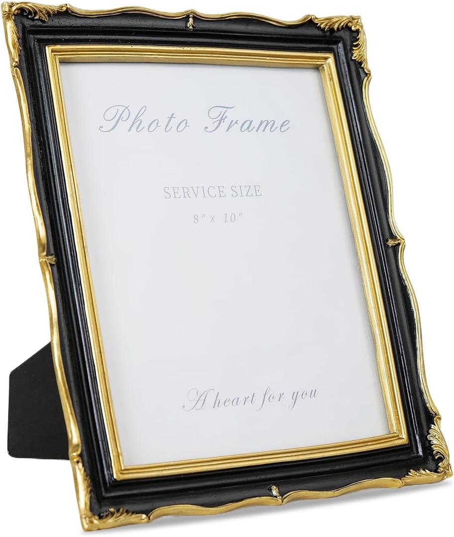 Cuspin 8x10 Picture Frame Black and Gold Frames, Ornate Textured Hand-Crafted Resin Photo Frames with Glass Front, 8 by 10 Decorative Picture Frame for Wall & Tabletop, Vintage Home Decor