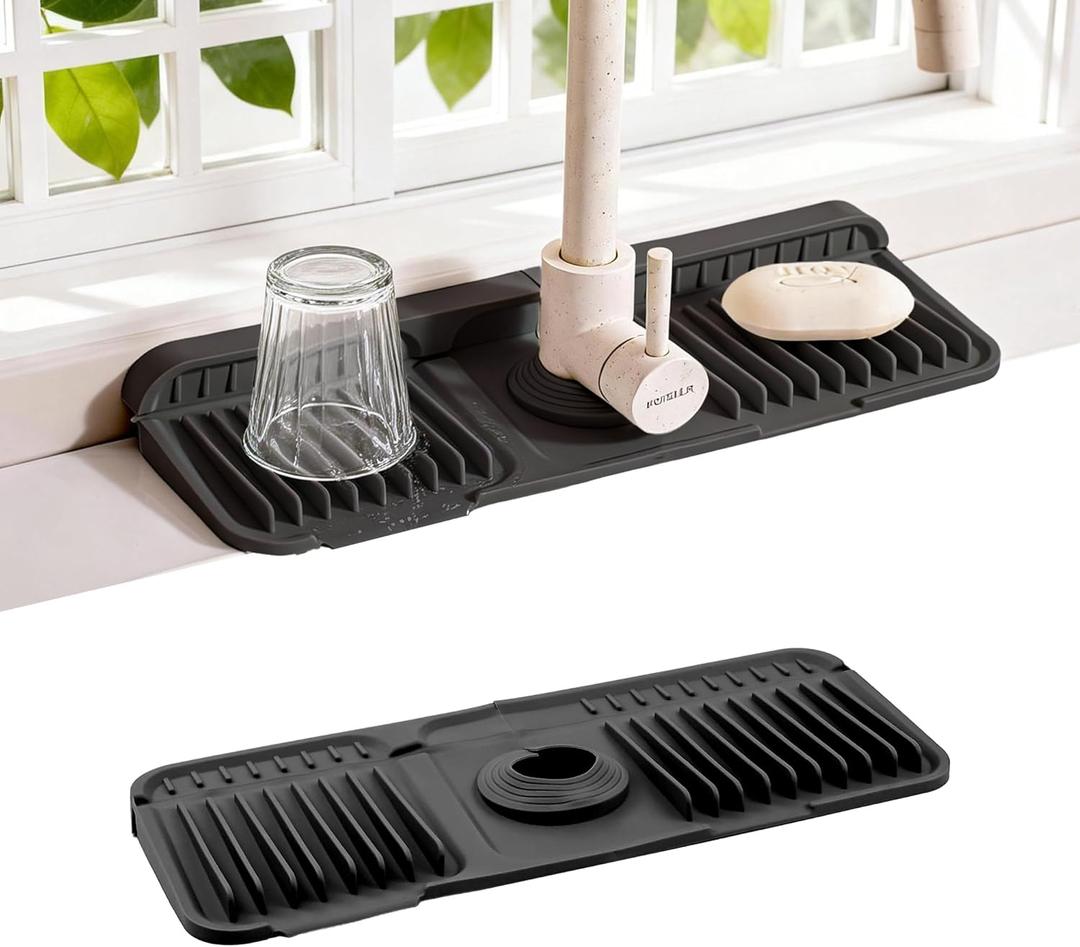 14.57" Silicone Sink Splash Guard - Essential Kitchen Sink Accessory with Drip Tray, Sponge Holder & Soap Dish, 6°Slope for Easy Drainage, Foldable & Fasten Button for Perfect Fit（Black）