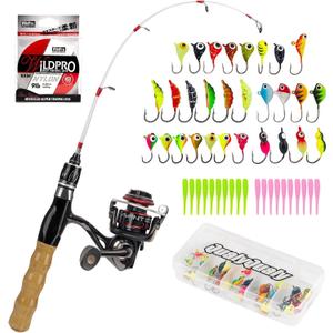 QualyQualy Ice Fishing Rod Reel Combo Complete Set Ice Fishing Gear with Backpack Seat Ice Cleats Ice Fishing Jigs Line Full Ice Fishing Kit 24" 26"