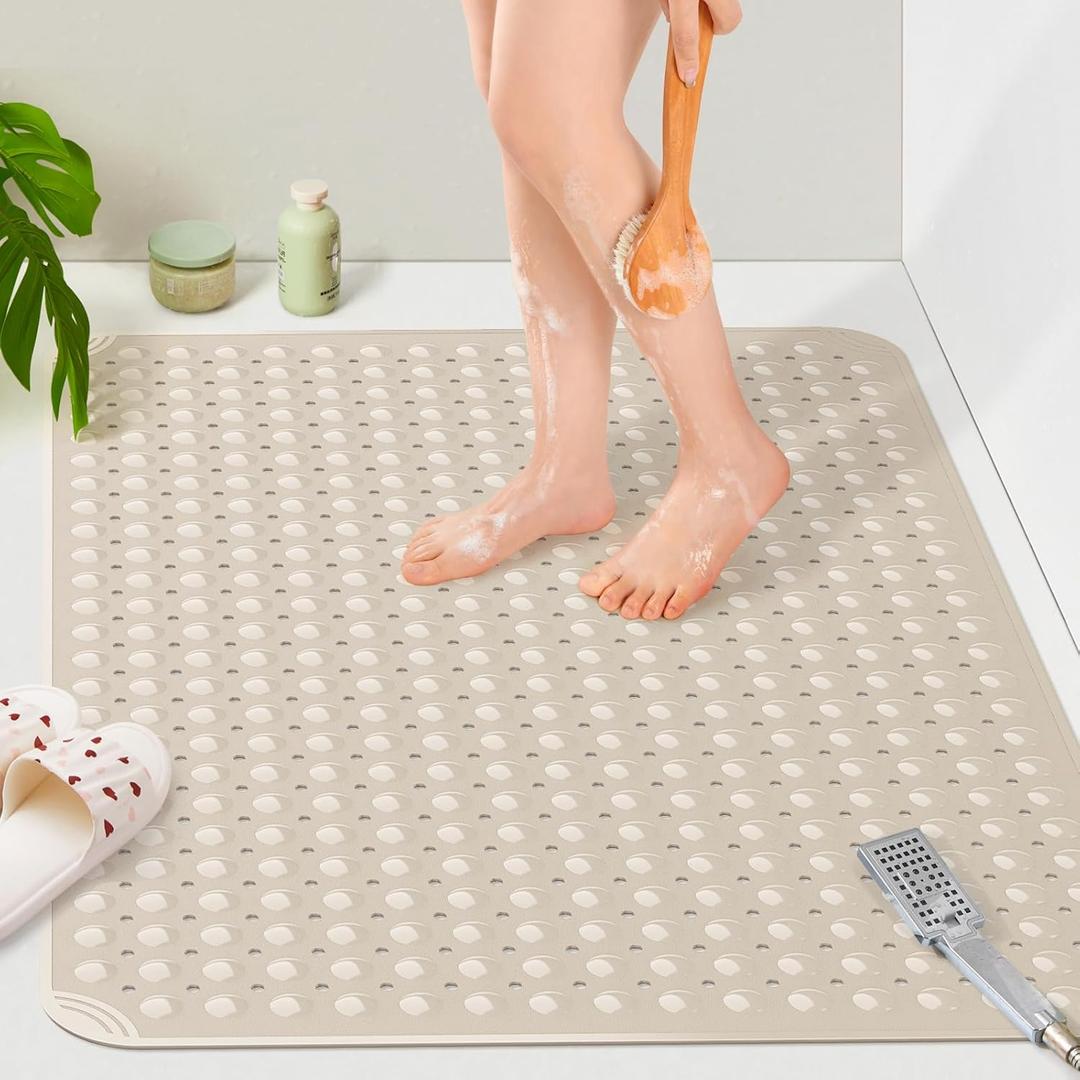 Yolife Extra Large TPE Shower Mat, 47.2" L x 31.5" W Anti Slip Bath Mat with Drain Holes and Suction Cups, Large Size Mat More Suitable for Shower Stall, No Odor, Heavy Mat (Apricot)