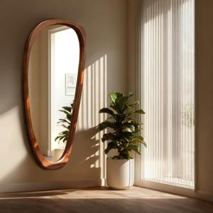 22x48'' Asymmetrical Mirror with Wood Frame, Small Irregular Wall Odd Shaped Mid Century Modern Mirror Christmas Decor for Bedroom Living Room Entryway Hall (Wood)