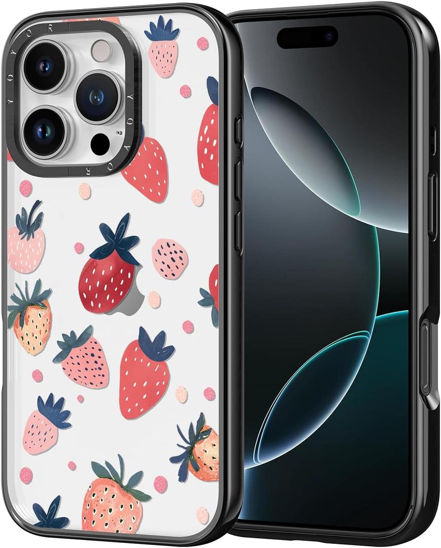 for iPhone Case - [6.6 ft Military-Grade Drop Protection] [Anti-Peel Technology] Clear Black TPU Bumper Case with Cute Design (Strawberry, iPhone 16 Pro)