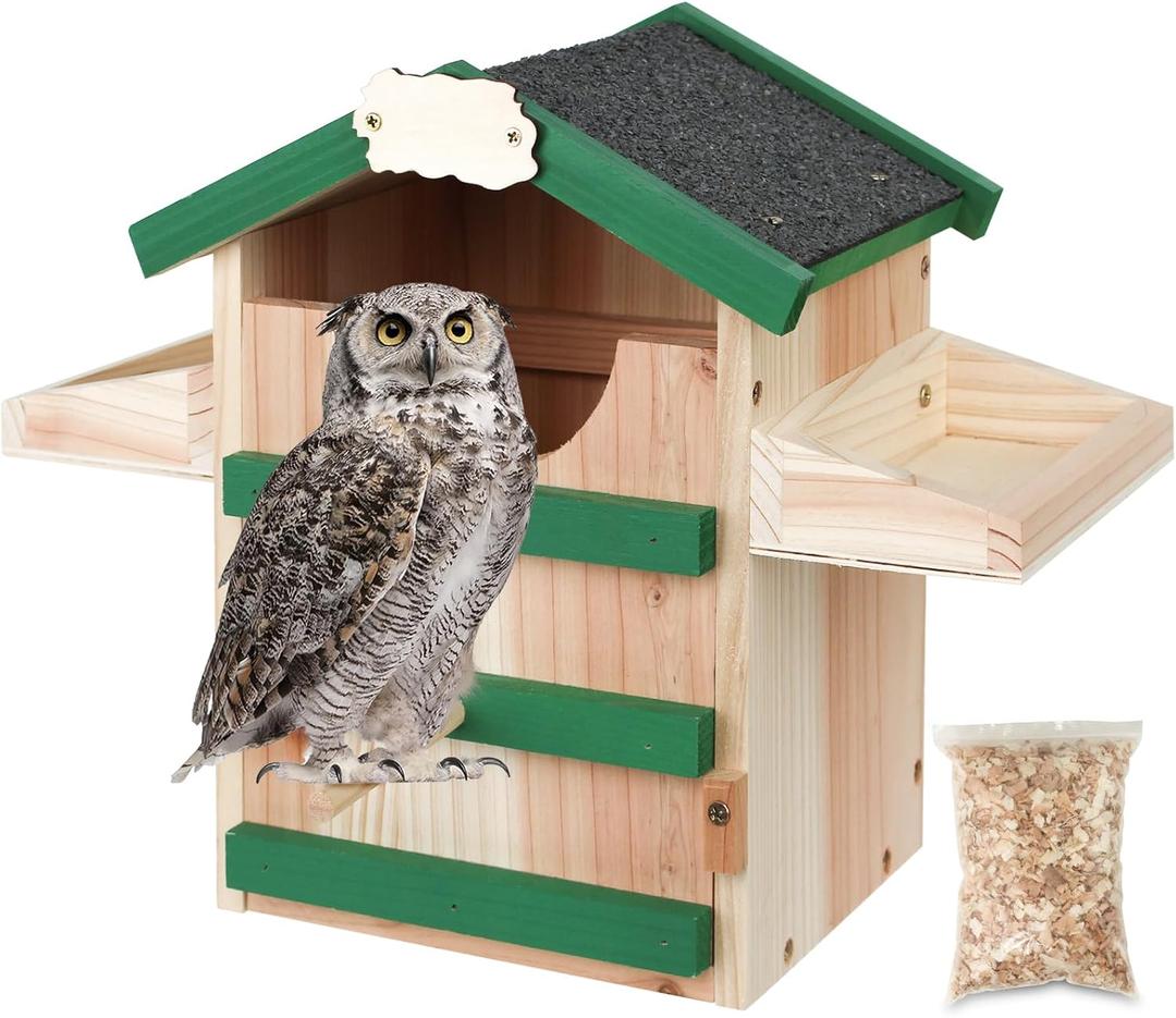 Cedar Owl House Asphalt Roof Dual Feeders Handmade Rustic Birdhouse 14x10 Inch Outdoor Nest Box with Mounting Kit Garden Wildlife Shelter