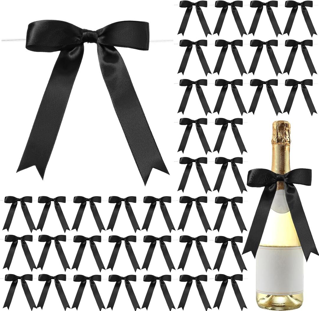 Riceshoot 50 Pcs Black Satin Ribbon Bows 5x7 Inch Large Twist Tie Bow for Gift Wrapping Champagne Bottle Balloon Treat Bag DIY Craft Decor Wedding Bridal Baby Shower Birthday Holiday Party