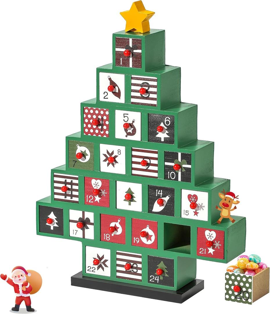 Wooden Advent Calendar, 2025 Countdown Christmas Tree Advent Calendar with 24 Storage Drawers, DIY Reusable Advent Calendar Boxes for Kids, Adults (Green)