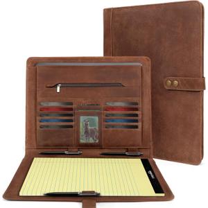 ELIZO Leather Portfolio Padfolio Leather Binder Folder for Men and Women Professional Business Portfolio Organizer Men and Women Saddle Letter Strap
