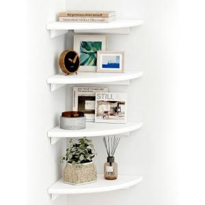 White Corner Floating Shelves for Wall  Set of 4, Rounded Wood Wall Mounted Corner Shelf with Hardware, Space Saving Decorative Storage for Kids Room, Bathroom, Living Room, Office  White