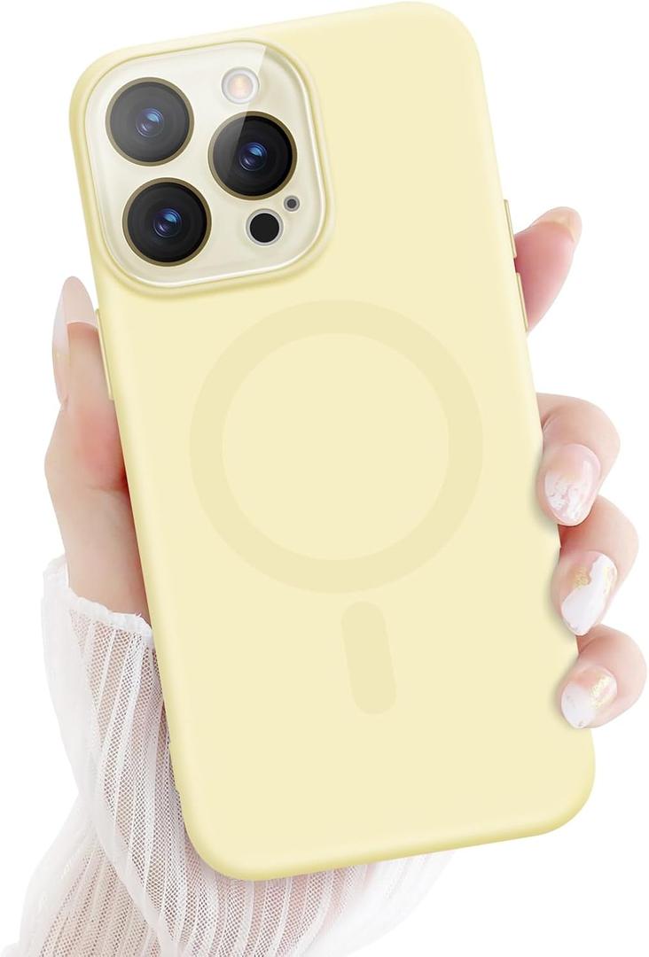 for iPhone 14 Pro Max Magnetic Case, Cute Soft Liquid Silicone Case for Women Girls Men Anti-Scratch Bumper Shockproof Full Camera Lens Protection Case Cover for iPhone 14 Pro Max-Yellow