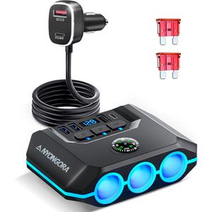 9-in-1 Cigarette Lighter Splitter, 156W Car Charger Adapter with PD 36W & QC 3.0, 3 Sockets with Independent Switches, 6 USB Ports, LED Voltage Display, UL Certified, Includes Spare Fuse