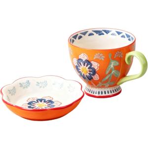 Soup Mug with Handle, 19oz Ceramic Soup Bowl with 2-in-1 Lid Tray, Stackable Mug and Cover for Soup, Oatmeal, Coffee, Cocoa & Meals, Microwave Oven Dishwasher Safe, Lead-Free Stoneware-Warm Orange