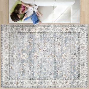 Area Rug 8x10 Living Room Rug, Machine Washable Vintage Distressed Boho Area Rug Non-Slip Soft Low Pile Large Indoor Rugs for Bedroom Kitchen Dining Room Office(Light Blue,8'x10')