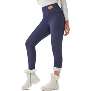 Women Sherpa Lined Leggings Soft Clouds Fleece Tights Winter Warm Thermal Thick Cashmere Pants High Waist (Medium, Blueno Pockets)