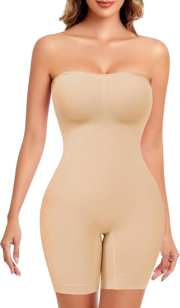 Strapless Shapewear for Women, Full Shape Wear Tummy Control Bodysuit, Seamless Slimming Body Shaper (Large, Nude)