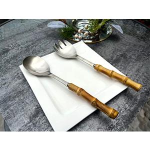 Nature Real Bamboo Handle Serving Set 10 inch Salad Spoon and fork 2-Piece Set Stainless Steel 18/10 Kitchen Utensils Matte Silver Nature Real Bamboo Handle Serving Set 10 inch Salad Spoon and fork 2-Piece Set Stainless Steel 18/10 Kitchen Utensils Matte Silver
