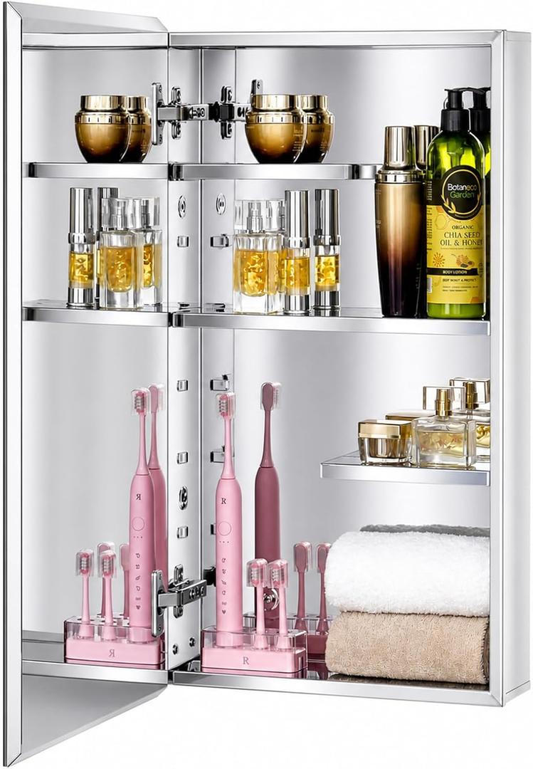 14.8 x 25.6 Stainless Steel Medicine Cabinet with Mirror Door, 14.8W x 25.6H x 4.5D inches