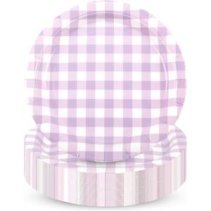 48Pcs 7 Inches Gingham Party Supplies Purple Paper Plates Disposable Plaid Decorative Dinner Dessert Serving Plates for Baby Shower Wedding Birthday Party