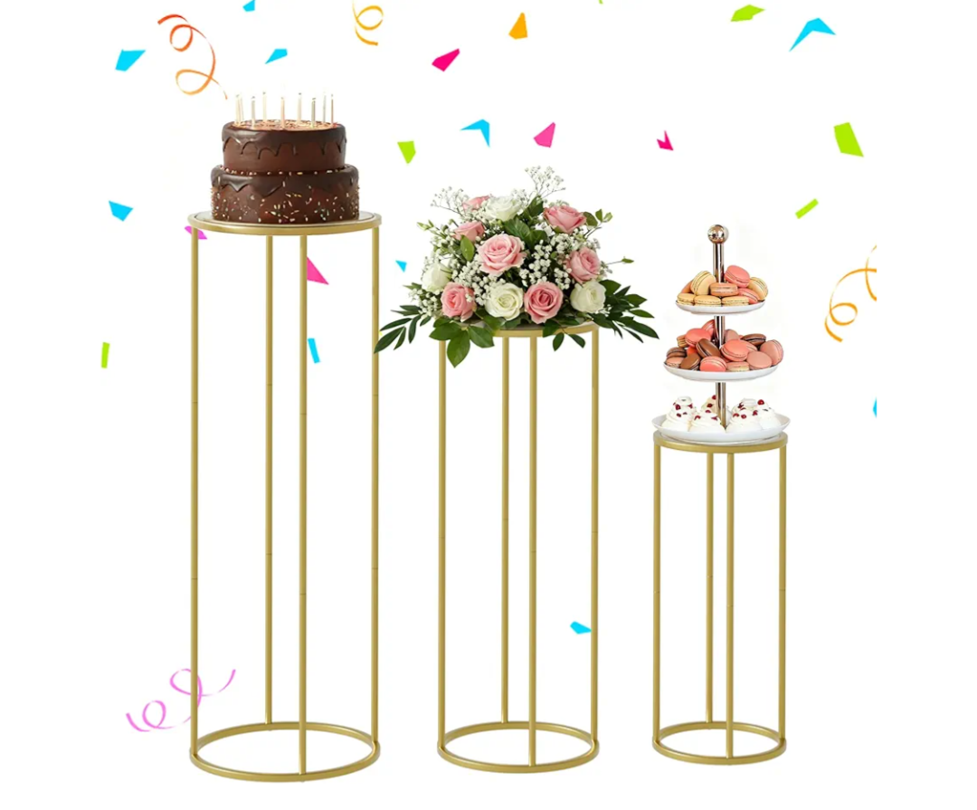 Urban Deco Cylinder Stands for Party, 3Pcs Gold Round Pedestal Stand for Parties, Metal Cake Stands with Acrylic Countertop, Cilindros para Fiestas for Birthday Party Wedding Baby Shower Decor