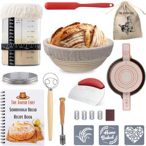 Complete Sourdough Bread Starter Kit, Glass Sourdough Starter Jar Kit & Tons of Sourdough Baking Supplies - Sourdough Starter Kit Includes Sourdough Jar, Banneton Bread Proofing Basket & More