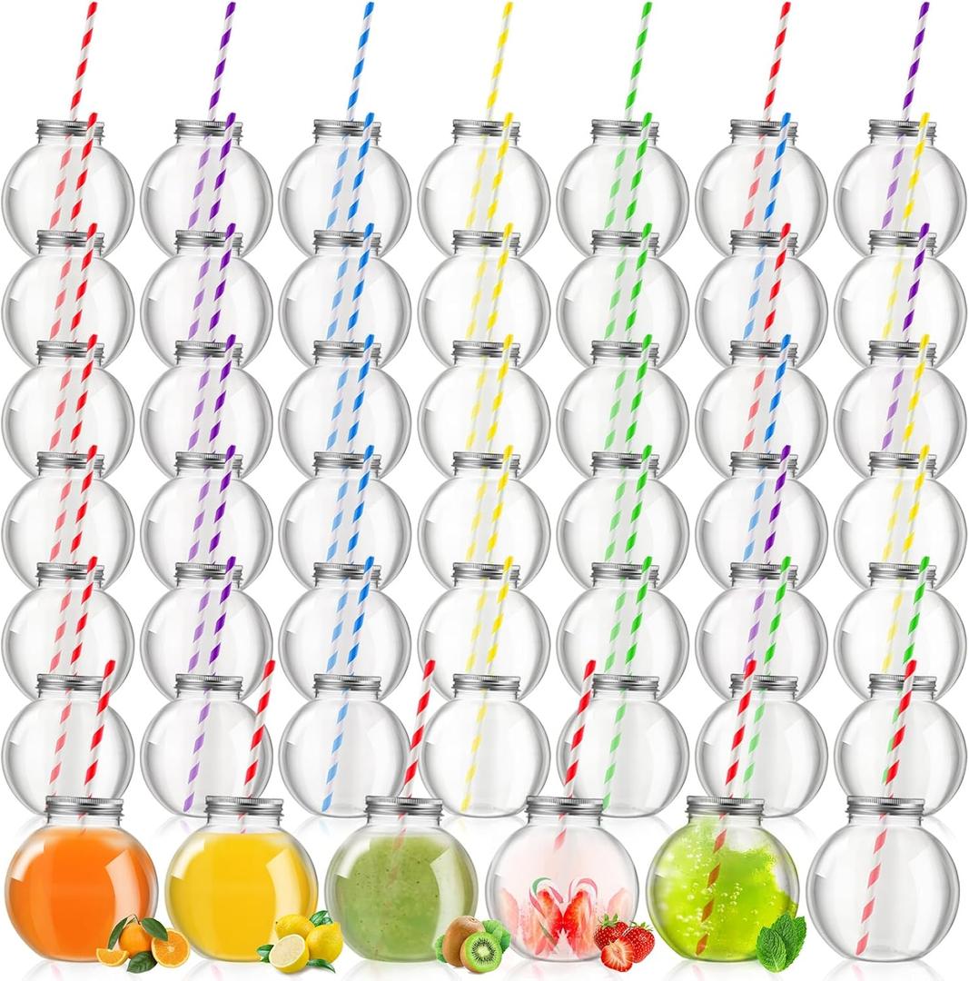 Yaomiao 48 Pcs 10 oz Mini Plastic Fish Bowl Ornament Cups for Drinks Clear Spherical Potion Bottles with Lids and Straws Bulb Cups for Christmas Carnival Candy Party Decorations (Multicolor)