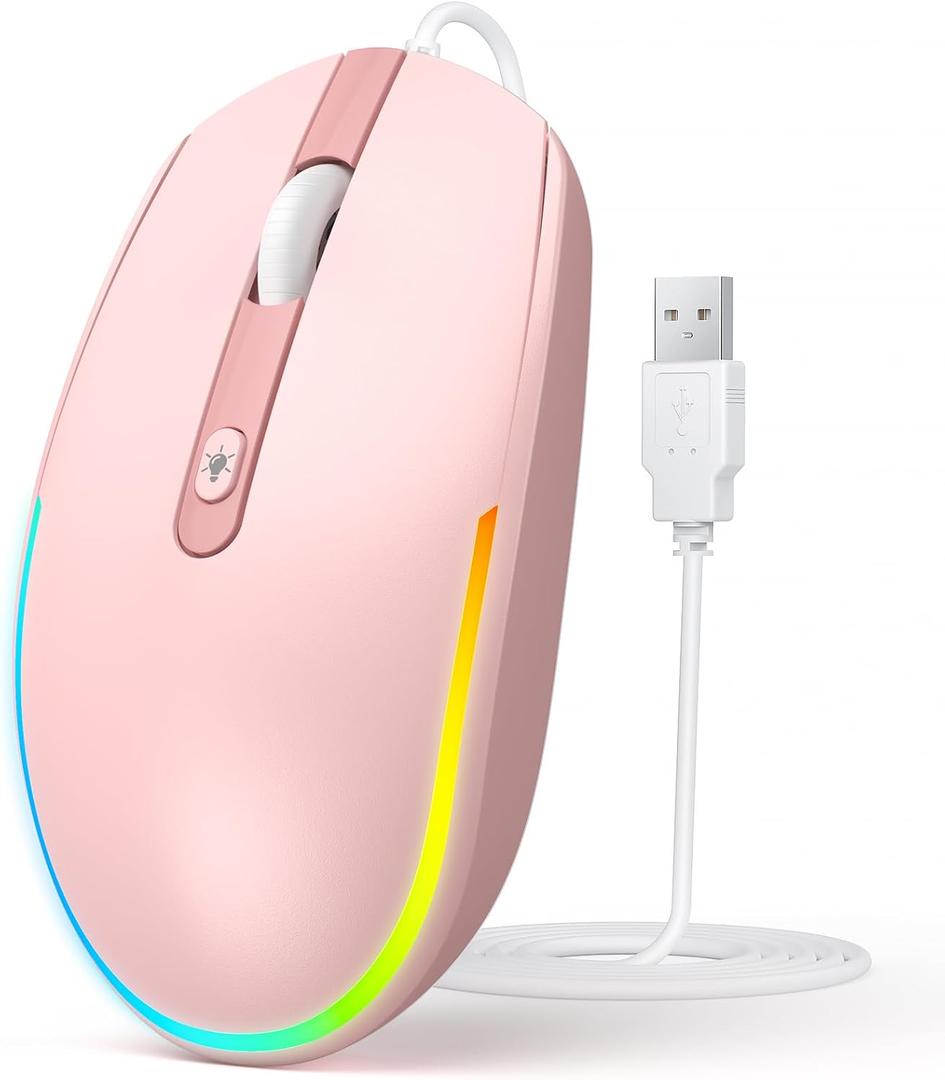 seenda Wired Mouse - USB Computer Mice Wired with RGB Backlit Optical LED Mouse with Attached USB Cord for Laptops Notebooks Chromebook - Pink