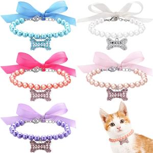 Frienda 5 Pcs Pet Pearl Necklace Diamond Crystal Dog Pearl Necklace Collars with Bling Rhinestones Bone Dog Cat Jewelry Set Wedding Collar for Puppy Pets (S)