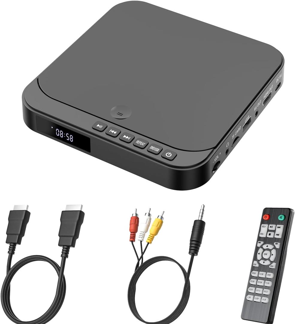 DVD Players for TV with HDMI - DESOBRY Mini DVD Player for Smart TV, Small DVD Player That Plays All Regions and Formats, Support 1080P Video, AV Output, USB/TF Card Input, Built-in PAL/NTSC