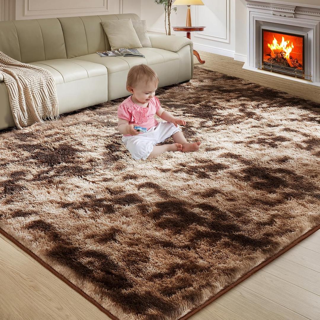 Ultra Soft Rug for Living Room, 8X10 Tie-Dyed Coffee Fluffy Shag Area Rug for Bedroom, Modern Shaggy Carpets Fuzzy Rug for Teens Dorm Nursery Home Decor Aesthetic, Upgrade Anti-Skid Durable
