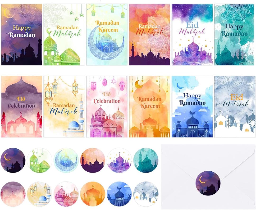 Cholemy 24 Pack Eid Mubarak Cards Happy Ramadan Greeting Cards with Stickers Envelopes Assorted Eid Al-Fitr Gift Set for Ramadan Mubarak Party Decorations Invitations Favors Celebration Supplies