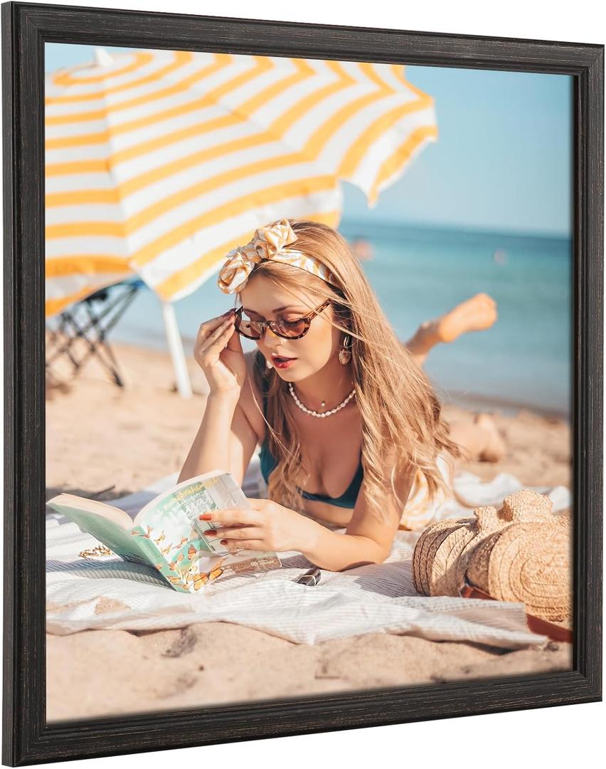 16x16 Wood Frame Black, Rustic Natural Wooden 16x16in Poster Picture Frame, Distressed 16 x 16inch Woodgrain Gallery Photo Frame with HD Plexiglass, Horizontal Vertical Wall Mounting Display 1pcs