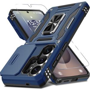 DEERLAMN Case for Samsung Galaxy S26 Ultra 6.9-Inch with Slide Camera Cover+Screen Protector(1 Pack), Rotated Ring Kickstand Military Grade Shockproof Protective Cover-Navy Blue