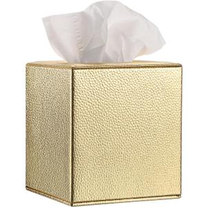 Sumnacon Tissue Box Cover Square Tissue Box Stylish PU Tissue Box Holder with Magnetic Bottom, Leather Cube Tissue Cover for Living Room Bathroom Bedroom Table Desk Home Office Car, Gold