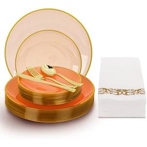 N9R 180PCS Orange Plastic Plates with Gold Trim, Disposable Party Dinnerware Set for 30 Guests, Include 30 Dinner & Salad Plates, Napkins, Forks, Spoons, Knives, Perfect for Wedding, Dinner Party