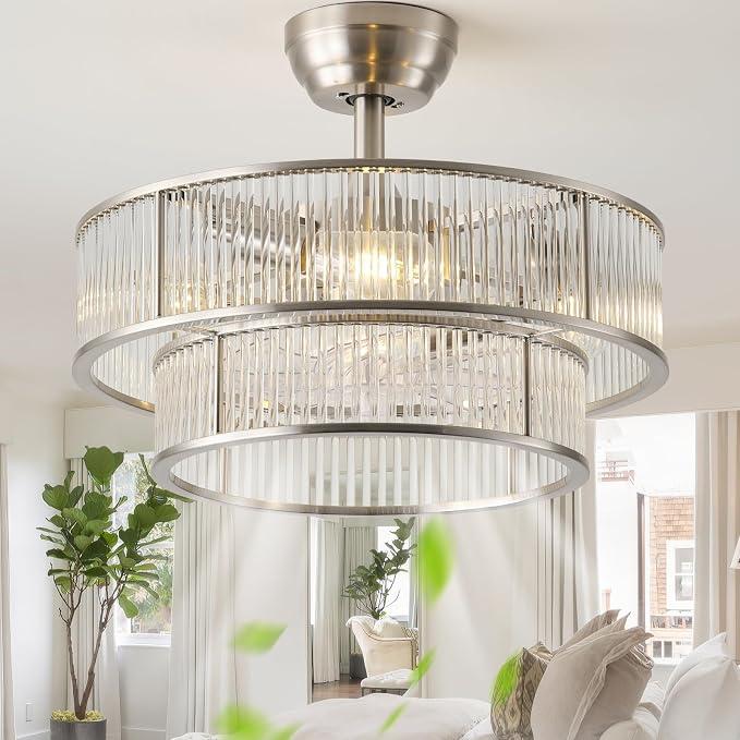 YADZSLY Silver Fandelier Ceiling Fans with Lights, 20" Silver Crystal Chandelier Ceiling Fan with Light Remote Control, Caged Mid Century with 6 Speeds for Bedroom, Living Room, Nursery