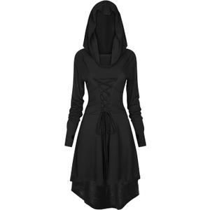 HODBLKT Womens Renaissance Costumes Hooded Robe Lace Up Renaissance Dress Women Halloween Vintage Medieval Cloak (XS)