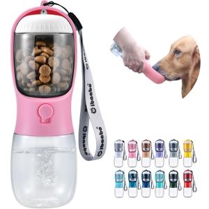 Dog Water Bottle with Food Container, Travel Puppy Water Bowl, Portable Pet Dispenser, Girl Dog Accessories Stuff Items Essentials Necessities for Yorkie Chihuahua Cat Walking and Hiking (10oz, Pink)