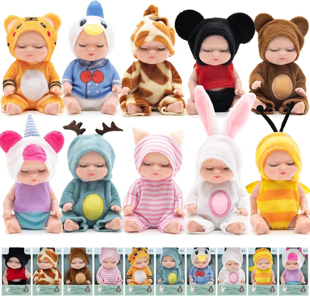 10 Pcs 4 Inch Mini Reborn Baby Dolls Realistic Baby Dolls Washable Tiny Babies with Animal Clothes Cute Doll Gifts Set for Girls Boys Toddlers and Kids Easter Christmas Birthday