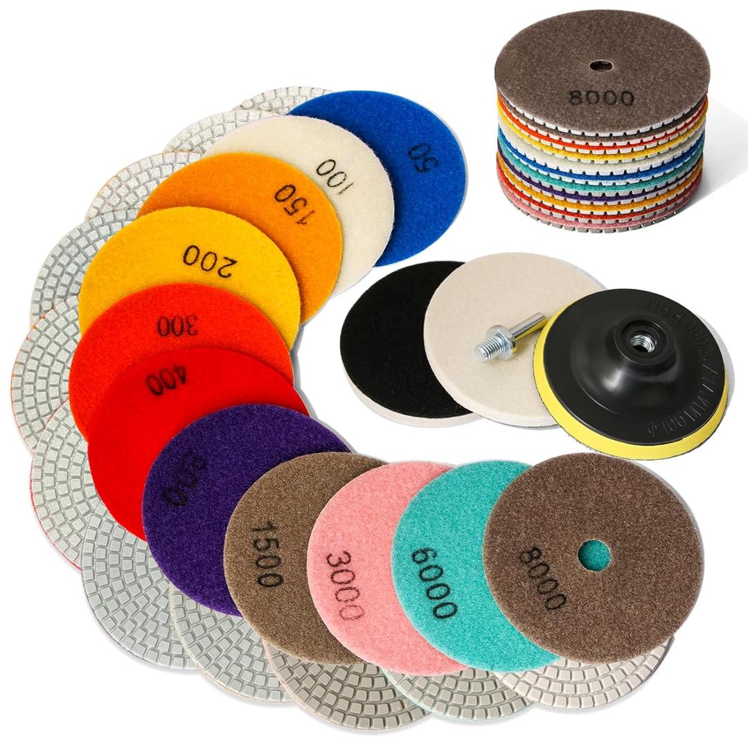 15PCS 4 Inch Diamond Polishing Pads Set, HOMEIDOL 50-8000 Grit Stone Polishing Kit, for Drill, Grinder, Polisher, Wet/Dry Granite Polishing Kit with 5/8"-11 Backer Pad, for Concrete Marble